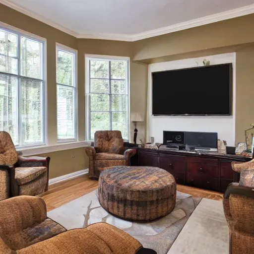 Image similar to showcase living room with recliner, bay window, table, tv