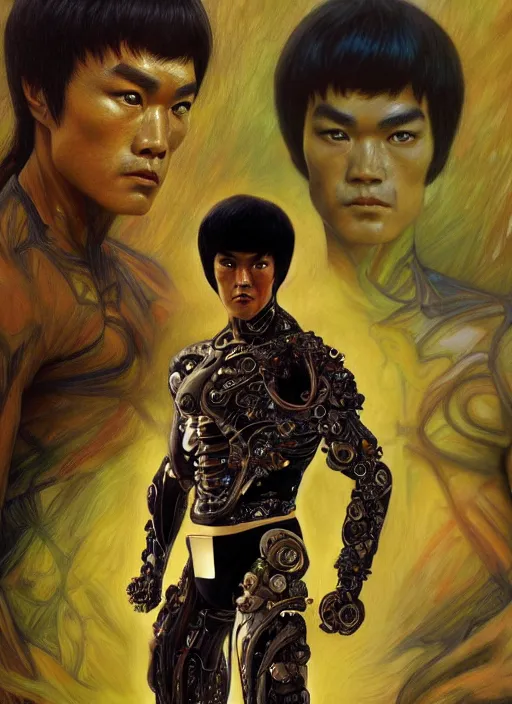 Image similar to bruce lee as a organic cyborg, diffuse lighting, fantasy, intricate, elegant, highly detailed, lifelike, photorealistic, digital painting, artstation, illustration, concept art, smooth, sharp focus, art by john collier and albert aublet and krenz cushart and artem demura and alphonse mucha