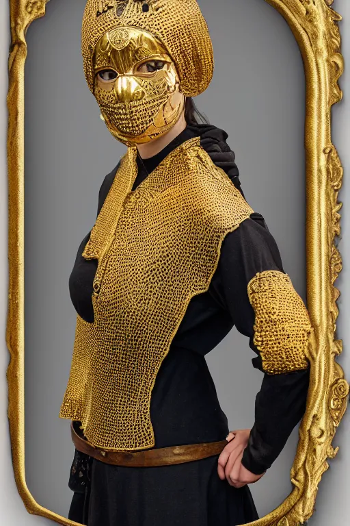 Image similar to a young woman dressed as a farmer from the middle ages, wearing an intricate gold mask. photoreal, metal filigree, realitic portrait.