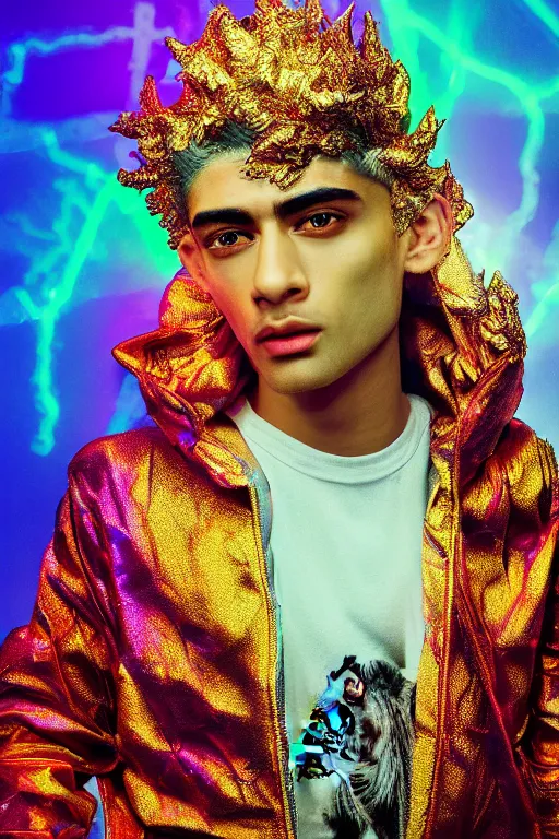 Prompt: hyper detailed ultra sharp portrait of baroque and bladerunner delicate neon ruby sculpture of seductive albino zayn malik tigers orange radioactive humanoid deity wearing metallic hoody made out of leaves holding the sun prismatic dungeon, glowing rainbow face, crown of white diamonds, cinematic lighting, photorealistic, octane render 8 k depth of field 3 d