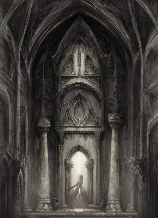 Prompt: By Tom Bagshaw, ultra realist soft painting of a gothic crypt by night, female vampire smile, horror, omnious sky, symmetry accurate features, very intricate details, black and white, volumetric light clouds