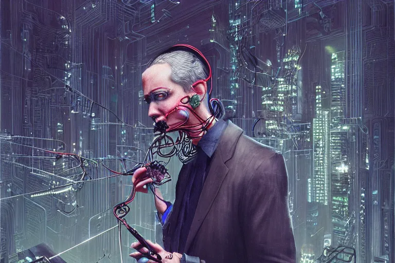 Image similar to man with wires on his head and a cigarette in his mouth, cyberpunk art by daniel merriam, behance contest winner, panfuturism, circuitry, darksynth, future tech