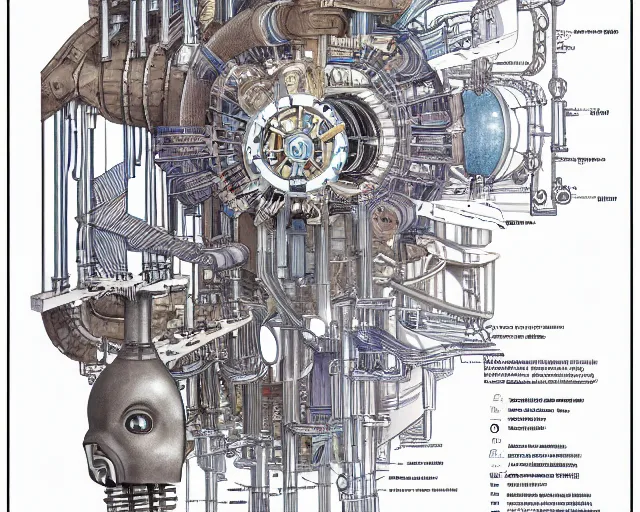 Image similar to a full page of a mechanical blueprint showing a cutaway design for a mechanized woman from howl's moving castle ( 2 0 0 4 ), with a big head, muted colors, post grunge, studio ghibli, hq,