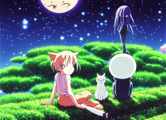 Prompt: anime fine details portrait of joyful girl and alien cute cat, aliens vivid, nature trees, meadows at night, bokeh, close-up, anime masterpiece by Studio Ghibli. 8k, sharp high quality classic anime from 1990 in style of Hayao Miyazaki