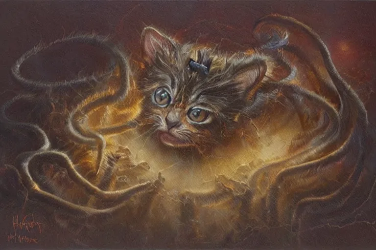 Image similar to bait displacer beast kitten, art by bob eggleton, trending on artstation, dramatic lighting top view figurativism, award - winning, abstract illusionism, sketched, divisionism