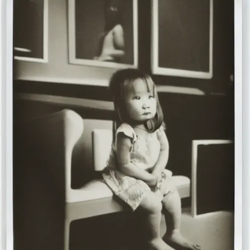 Prompt: a baby girl sitting in a living room designed by yohji yamamoto, polaroid
