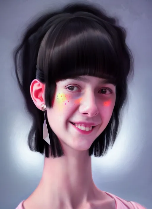 Image similar to portrait of teenage girl, realistic, black hair, bangs, half updo hairstyle, pointy nose, skinny, smile, ugly, defined jawline, big chin, pink hair bow, earrings, intricate, elegant, glowing lights, highly detailed, digital painting, artstation, sharp focus, illustration, art by wlop, mars ravelo and greg rutkowski