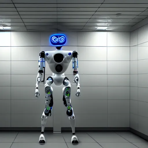 Image similar to futuristic humanoid robot in a containment facility, photorealistic, neon lights,