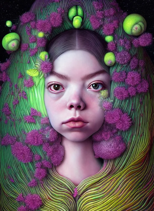 Image similar to hyper detailed 3d render like a Oil painting - kawaii portrait Aurora (a skeksi from dark crystal that looks like Anya Taylor-Joy) seen Eating of the Strangling network of yellowcake aerochrome and milky Fruit and His delicate Hands hold of gossamer polyp blossoms bring iridescent fungal flowers whose spores black the foolish stars by Jacek Yerka, Ilya Kuvshinov, Mariusz Lewandowski, Houdini algorithmic generative render, Abstract brush strokes, Masterpiece, Edward Hopper and James Gilleard, Zdzislaw Beksinski, Mark Ryden, Wolfgang Lettl, hints of Yayoi Kasuma, octane render, 8k