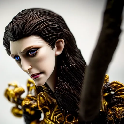 Image similar to photo taken of an epic intricate, ultra detailed, super realistic stop motion puppet of a majestic gracious regal aristocratic brunette female vampire created by weta workshop, menacing, some zoomed in shots, photorealistic, sharp focus, white wall, extremely cold blueish colour temperature, 3 5 mm, f 1. 4, golden ratio
