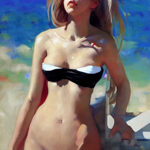 Image similar to greg manchess portrait painting of yorha type b no. 2 in a bikini, white long hair, organic painting, sunny day, matte painting, bold shapes, hard edges, street art, trending on artstation, by huang guangjian and gil elvgren and sachin teng