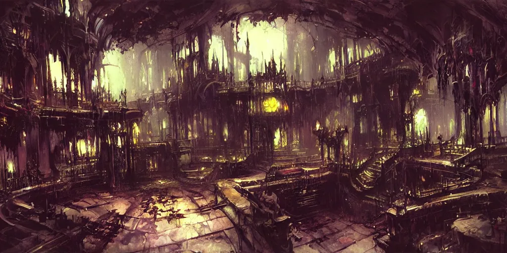 Prompt: dark sinister vampire lair interior by John Berkey, library, adventure game, inspired by Diablo concept art