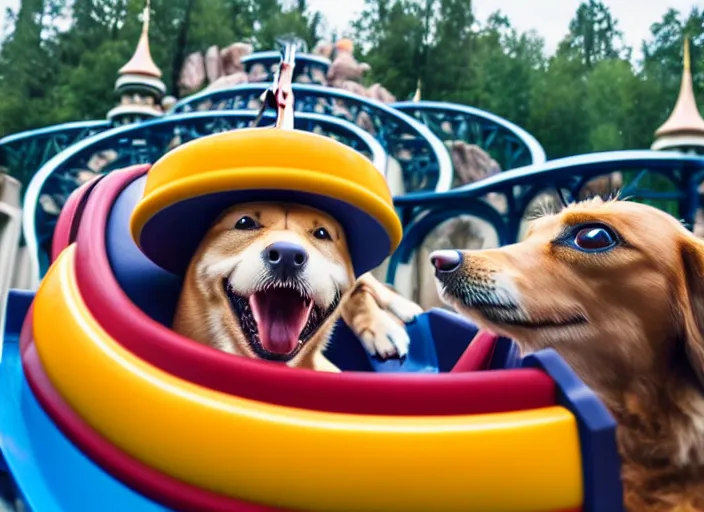 Image similar to film still of a dog riding a roller coaster in disneyland paris, 8 k