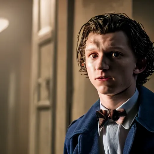 Image similar to tom holland as a rough dirty old man with a scruffy beard in a dark blue trenchcoat as the new doctor who, cinematic, volumetric lighting, f 8 aperture, cinematic eastman 5 3 8 4 film, photorealistic