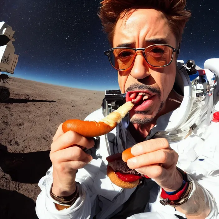 Image similar to robert downey jr eating a delicious hot dog on the moon, dynamic lighting, gopro selfie with a fisheye lens
