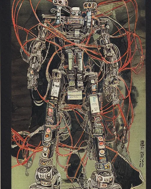 Prompt: Kuniyoshi portrait of a robot saint made of cables and robotic pod by Marc Silvestri