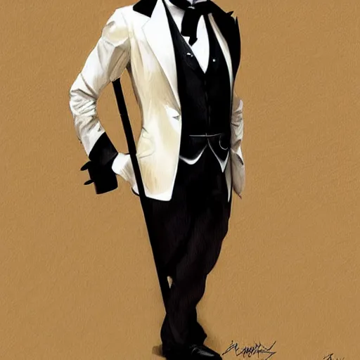 Image similar to charles chaplin wearing a tuxedo, portrait, highly detailed, digital painting, artstation, concept art, sharp focus, illustration, art by artgerm and greg rutkowski and alphonse mucha