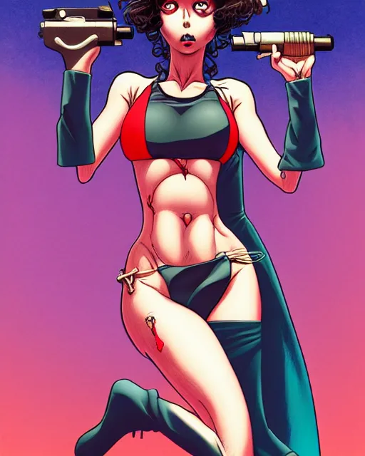 Image similar to comic horror cover art of a terrified bikini model running away from the viewer, inspired by gunsmith cats and clamp, illustration by jenny frison and sana takeda, intricate details, stunning inking lines, stunning gradient colors, 4 k, hd, artstation