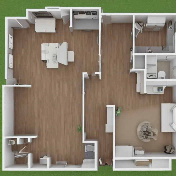 Prompt: overhead floor plan view of an apartment with absolutely zero cougars ( puma concolor ) hiding in the kitchen