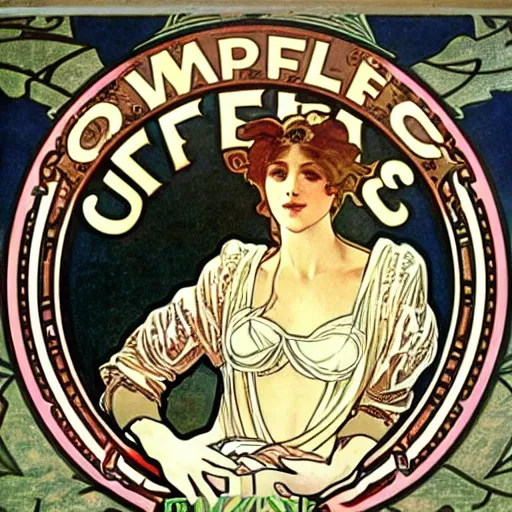 Image similar to most attractive cup of flat white coffee ever alphonse mucha