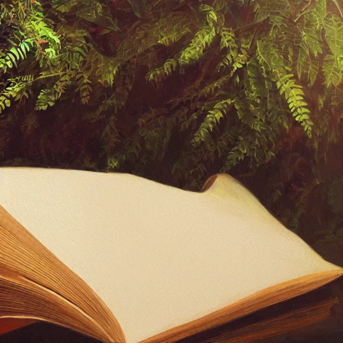 Image similar to still life painting of large book and greenery by tony ackland, deep depth of field. highly detailed, hyper realism, golden hour, god rays, hd, 4 k