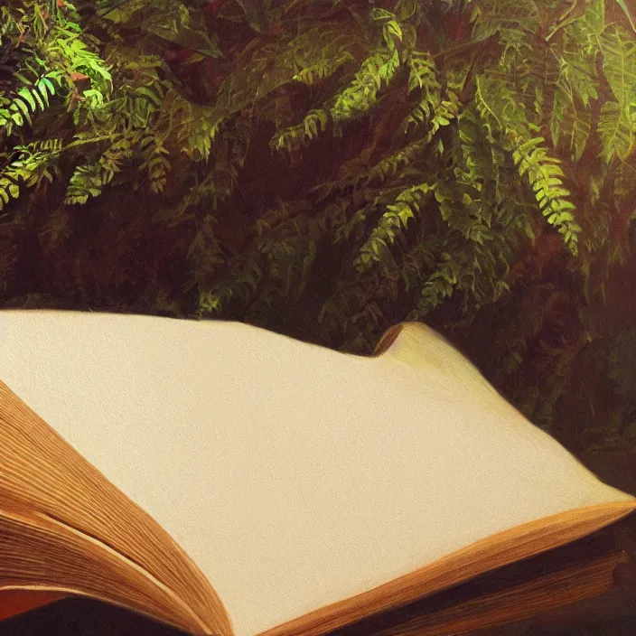 Prompt: still life painting of large book and greenery by tony ackland, deep depth of field. highly detailed, hyper realism, golden hour, god rays, hd, 4 k