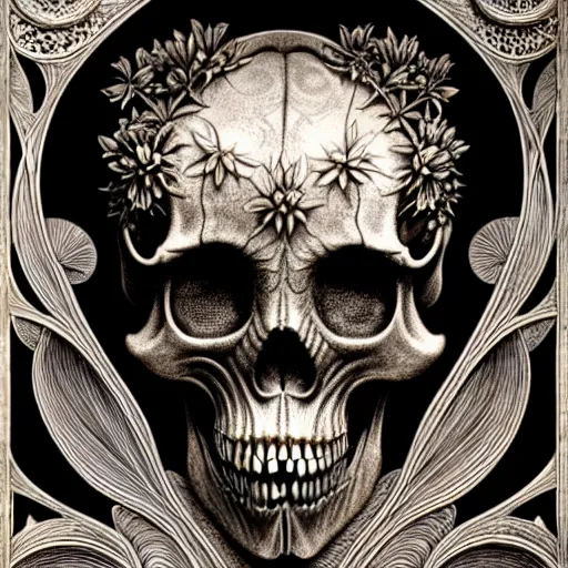 Image similar to art forms of nature by ernst haeckel, memento mori by arthur rackham, ornate antique porcelain beautiful skull mask, ultrasharp, photorealistic, hyperdetailed, octane render, polished, art nouveau, neo - gothic, gothic, intricate ornamental organic filigree, art nouveau botanicals, art forms of nature by ernst haeckel, horizontal symmetry, symbolist, visionary