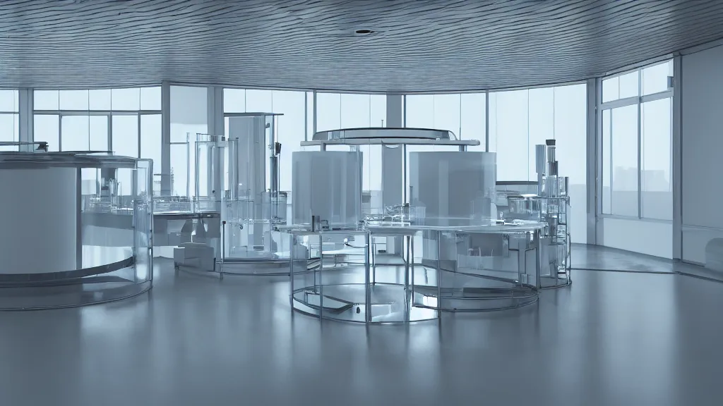 Prompt: a singular large futuristic glass vat in a laboratory, photorealistic, v - ray render 8 k uhd
