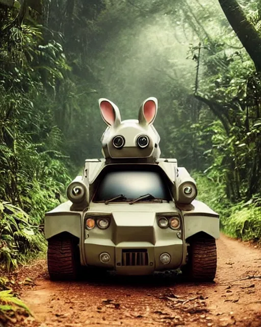 Image similar to epic chase!!!giant oversized battle rabbit robot chubby fat mech with big ears as battle mecha rabbit robot weapon fiat 126p , in jungle forest !!! , full body , Cinematic focus, Polaroid photo, vintage , neutral dull colors, foggy mist ,by oleg oprisco , by victor enrich , by gregory crewdson , by discovery channel