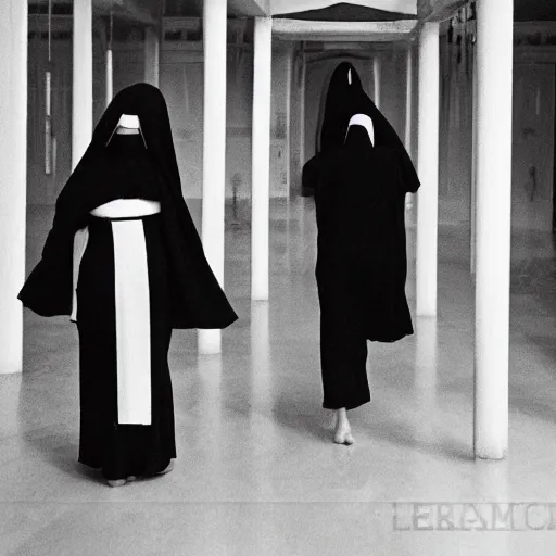 Image similar to black and white, award winning photo, levitating twin nuns, wearing swimsuit, the nuns have Very long arms, in a sanctuary, eerie, frightening —width 1024 —height 1024