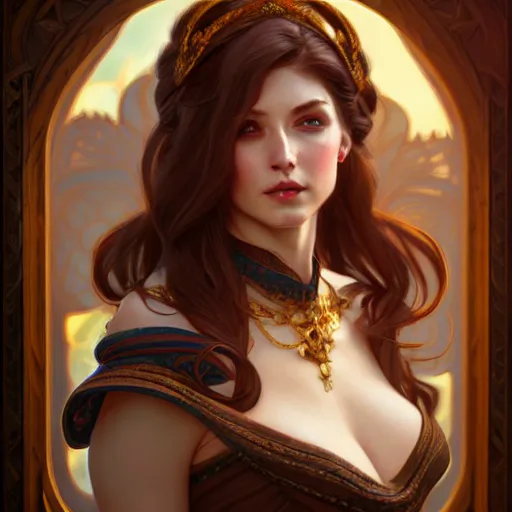 Image similar to aristocrat, female, d & d, fantasy, intricate, elegant, highly detailed, brown hair, digital painting, artstation, octane render, concept art, matte, sharp focus, illustration, hearthstone, art by artgerm, alphonse mucha johannes voss