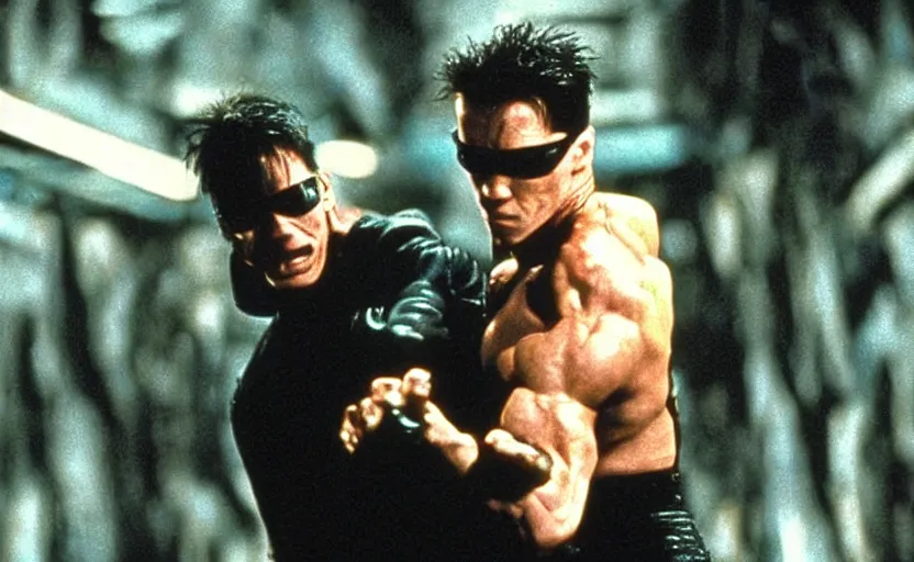 Prompt: Fight scene featuring Arnold Schwarzenegger in the movie the matrix 1999 fighting neo