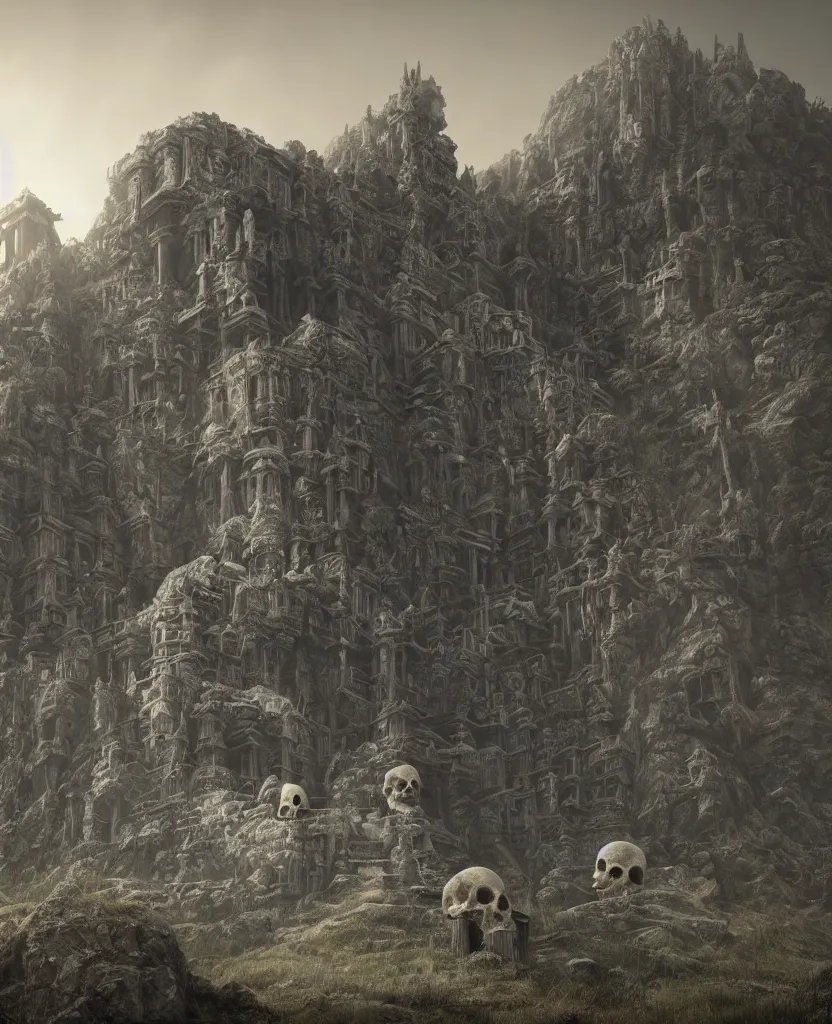 Prompt: lost temple on the mountain made of a huge skull by zdzisław beksinski and gothic style, unreal engine 5, hyper - realistic, octane render, daylight