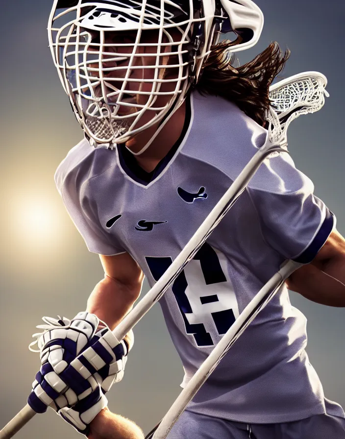 Image similar to closeup portrait of very beautiful cute male lacrosse player in a penn state stadium, glamour pose, particle effects, backlit, highly detailed, soft ambient lighting, sharp focus, rule of thirds, artgerm, wlop, arney freytag, rossdraws, frank frazetta, andrei riabovitchev, hd, octane, 4 k