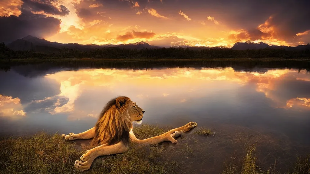 Image similar to amazing landscape photo of a lion bathing in a lake in sunset by marc adamus, beautiful dramatic lighting
