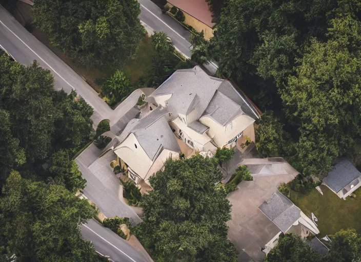 Prompt: realistic photo of a house from above, clean photo, stock photo, award winning, editorial, beautiful, establishing shot, 3 5 mm, zeiss lens, canon, nikon