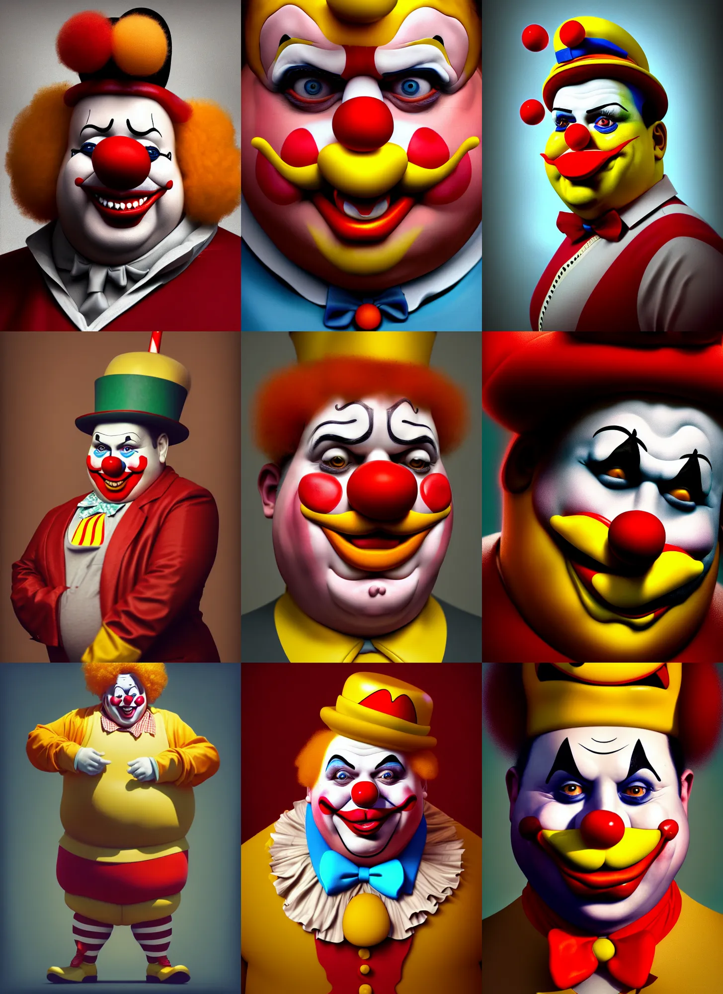 Prompt: Portrait of very fat clown dressed as Ronald Macdonalds, intricate, highly detailed, digital photography, artstation, concept art, 4k