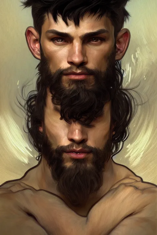 Image similar to painted portrait of gon freecs, hunter hunter, hunterpedia, madonna, black hair, masculine, mature, handsome, upper body, muscular, fantasy, intricate, elegant, highly detailed, digital painting, artstation, concept art, smooth, sharp focus, illustration, art by gaston bussiere and alphonse mucha