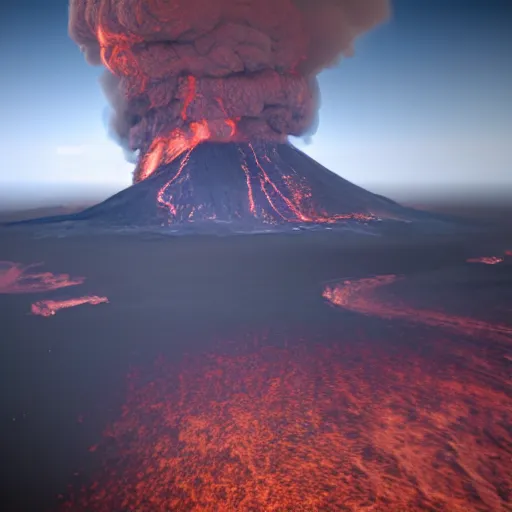 Prompt: A photorealistic aerial view of an active volcano, with lava flowing down its sides and billowing clouds of smoke and ash rising into the sky, rendered in unreal engine, trending on artstation, 8k resolution, 4k video, shot on a drone, drone footage, heavily detailed, bloom effect, rendered in octane, professional grade, professional photo.