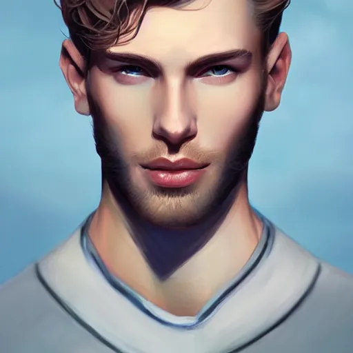 Prompt: tall man in his twenties with brown blond short quiff hair and round facial structure with cleft chin, straight eyebrows, cheekbones, lightly blue eyes, wide face, shadow of beard, atmospheric lighting, painted, intricate, 4 k, highly detailed by charlie bowater