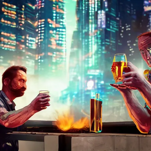 Prompt: two men toast while waiting for the end of the world in a cyberpunk city, realistic, high definition, 4K, shimmering color, symmetrical face, hyper detailed, art of unreal ingine 5