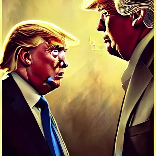 Image similar to Donald Trump vs Vladimir Putin, face to face staring, civil war style, highly detailed, digital painting, artstation, concept art, smooth, sharp focus, illustration, cinematic lighting, art by artgerm and greg rutkowski and alphonse mucha