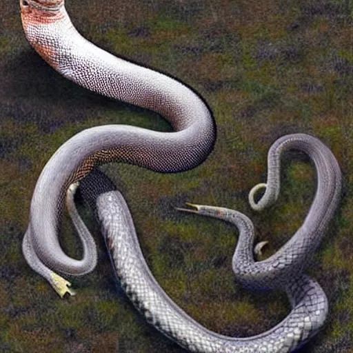 Prompt: hyper realistic photo of a long snake with a snake head, long shot, very accurate coherent image