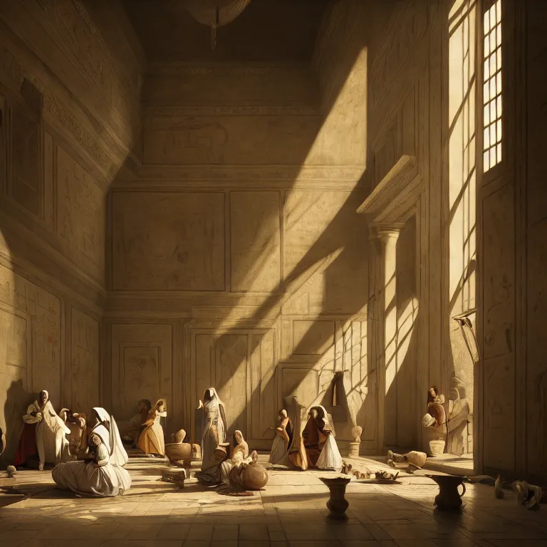 Prompt: Las Meninas but in ancient Egypt, dream-like atmosphere, symmetrical baroque painting, perfect composition, beautiful detailed intricate insanely detailed octane render trending on Artstation, 8K artistic photography, photorealistic, soft natural volumetric cinematic perfect light, chiaroscuro, award-winning photograph, masterpiece, Raphael, Caravaggio, Greg Rutkowski, Beeple