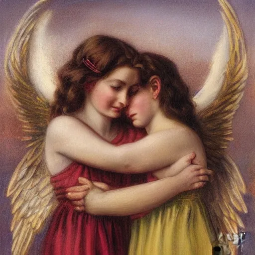 Image similar to 2 angels hugging, victorian painting