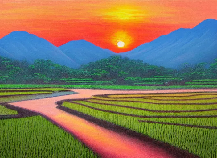 Prompt: painting of a road between rice paddy fields, two big mountains in the background, big yellow sun rising between 2 mountains, oil painting by basuki abdullah