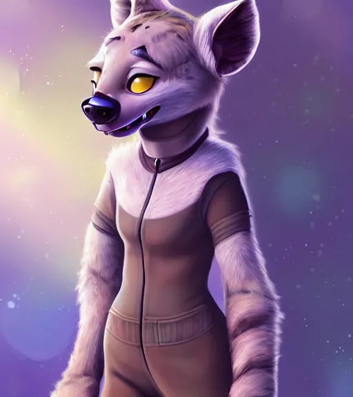 Image similar to digital detailed art of furry female hyena, in style of zootopia, fursona, furry, furaffinity, deviantart, wearing astronaut outfit, in style of disney zootopia, floating in space, space background, hyena fursona, cyberpunk, female, detailed face, style of artgerm,