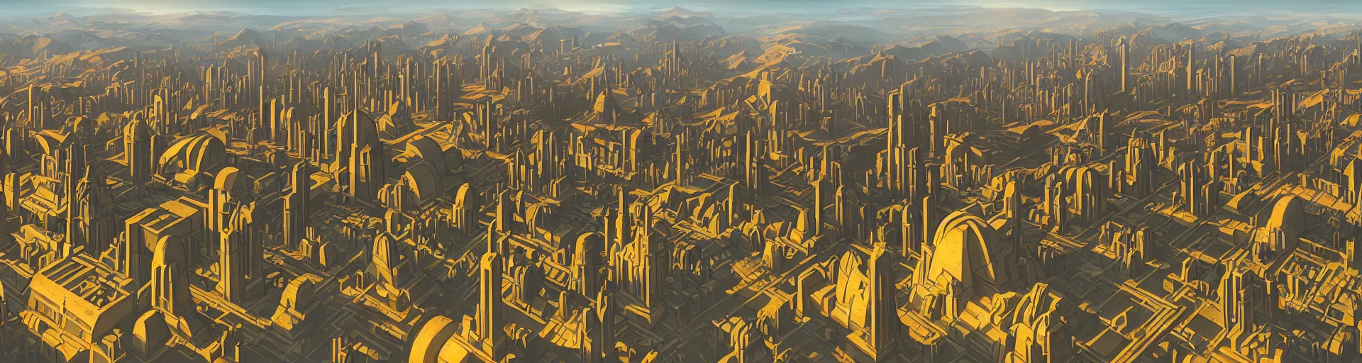 Image similar to a wide landscape shot of a dwarven city with retrofuturist art deco architecture