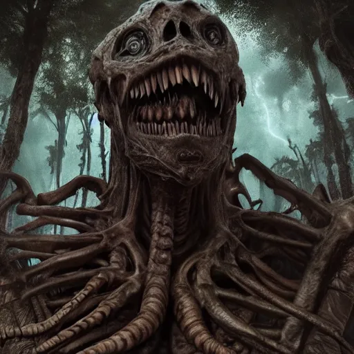 Image similar to corrupted colossal eldritch giant, wrapped in beautiful cerulean cloth, buried ancient city, jungle, haunting face, ribcage, teeth, bones, ominous sky, global illumination, creepy, hyper - realistic, insanely detailed and intricate, cinematic 8 k