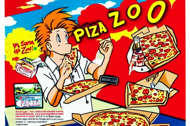 Image similar to pizza, 80s, advertisement, anime, explosion!!!!!!